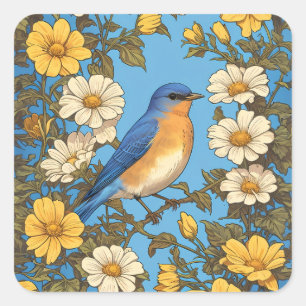 Pegatina Cuadrada Flores amarillas y blancas animadas del Bluebird