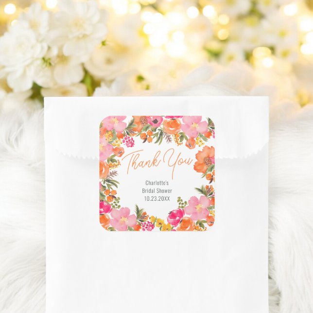 Pegatina Cuadrada Flores audaces modernas gracias a la ducha de novi (Modern bold flowers thank you bridal shower square sticker)