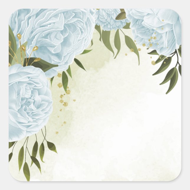 Pegatina Cuadrada Flores azul boho hojas verdes botánicas (Anverso)