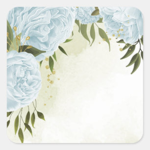 Pegatina Cuadrada Flores azul boho hojas verdes botánicas