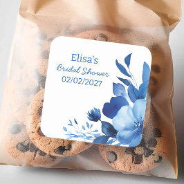 Pegatina Cuadrada Flores Azules Aquarela Ducha de Novia Personalizad