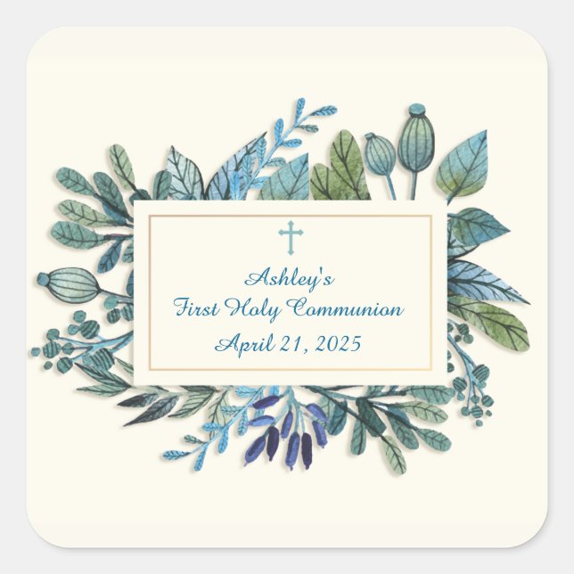 Pegatina Cuadrada Flores azules con cruz, religiosa (Anverso)