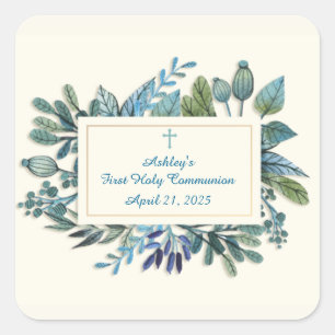 Pegatina Cuadrada Flores azules con la cruz, religiosa