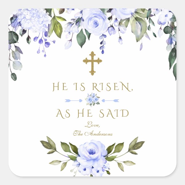 Pegatina Cuadrada Flores Azules De Acuarela Se Levanta Pascua De Oro (Anverso)