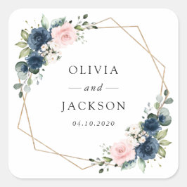 Pegatina Cuadrada Flores azules de la marina, flores rosas, Boda flo