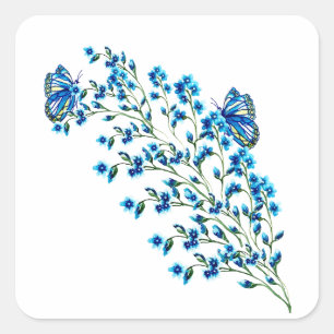 Pegatina Cuadrada Flores azules delgadas con mariposa