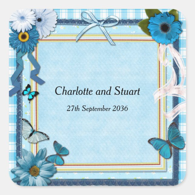 Pegatina Cuadrada Flores Azules y Mariposas (Anverso)