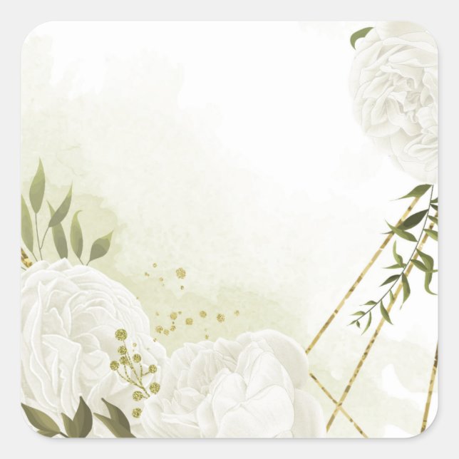 Pegatina Cuadrada Flores blancas boho hojas verdes cuadradas botánic (Anverso)