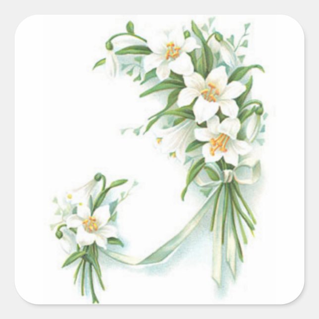 Pegatina Cuadrada Flores blancas con cinta de opciones (Anverso)