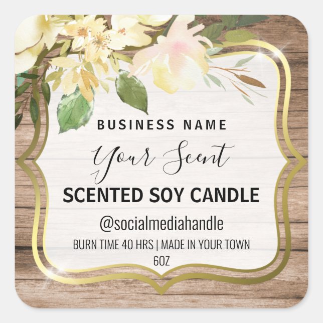 Pegatina Cuadrada Flores blancas de estilo rústico Velas de soja per (Anverso)