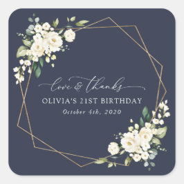 Pegatina Cuadrada Flores blancas, flores de crema, boho, cumpleaños