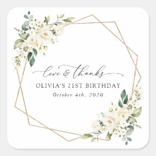 Pegatina Cuadrada Flores blancas, flores de crema, boho, cumpleaños