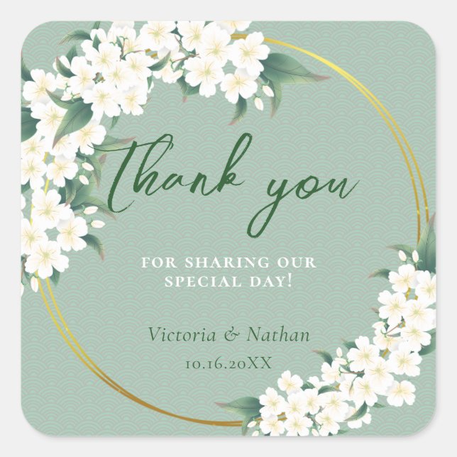 Pegatina Cuadrada Flores Blancas Patrón de Nube Verde Salvia Círculo (Anverso)