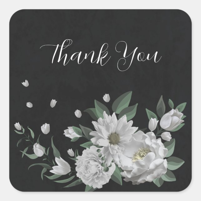 Pegatina Cuadrada flores blancas románticas y hojas verdes negras (Anverso)