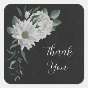 Pegatina Cuadrada flores blancas románticas y hojas verdes negras