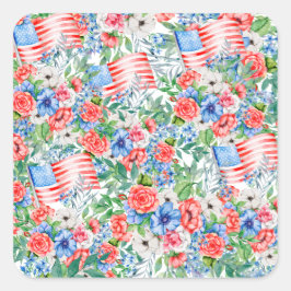 Pegatina Cuadrada Flores Blancas Y Azules Rojas Patrióticas 4 De Jul