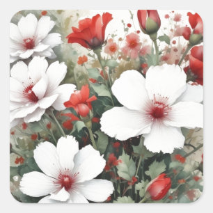 Pegatina Cuadrada Flores blancas y rojas Elegante acuarela