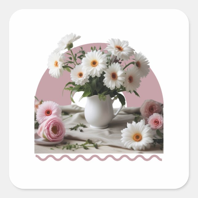 Pegatina Cuadrada Flores blancas y rosas (Anverso)