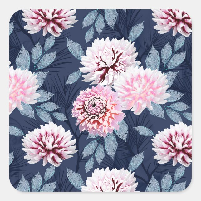 Pegatina Cuadrada Flores blancas y rosas sobre azul oscuro. (Anverso)