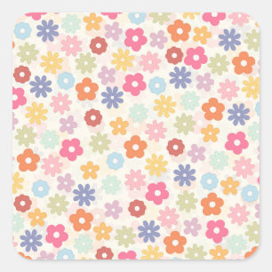 Pegatina Cuadrada Flores Boho Retro Daisy del verano de los 70