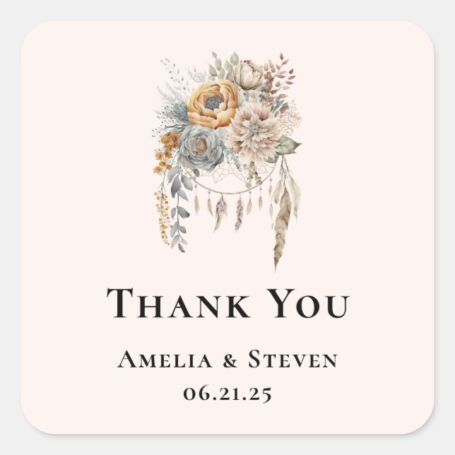 Pegatina Cuadrada Flores Boho y Dreamcatcher - Boda Gracias (Anverso)