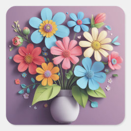 Pegatina Cuadrada Flores bonitos Bouquet Vase Papercraft