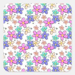 Pegatina Cuadrada flores brillantes arcoíris coloridas abejas floral