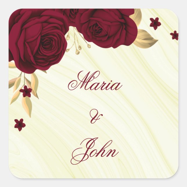 Pegatina Cuadrada flores burdeos hojas de oro (Anverso)