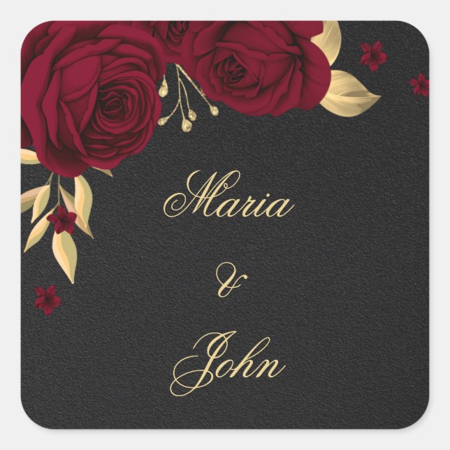 Pegatina Cuadrada flores burdeos hojas de oro negro (Anverso)