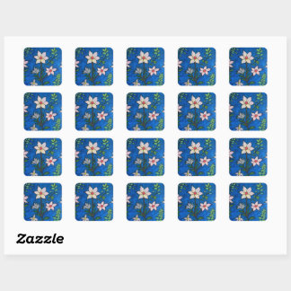 Pegatina Cuadrada Flores caprichosas con fondo azul