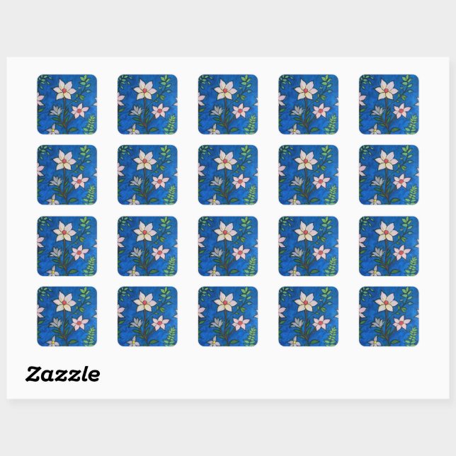 Pegatina Cuadrada Flores caprichosas con fondo azul (Hoja)
