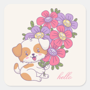 Pegatina Cuadrada Flores coloridas de perro lindo Hola Cumpleaños