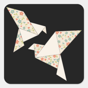 Pegatina Cuadrada Flores coloridas retro en pájaros de origami