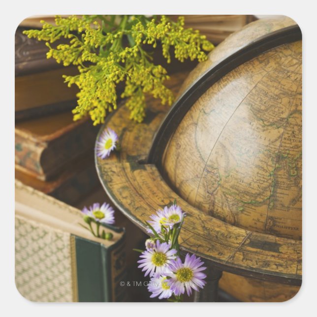 Pegatina Cuadrada Flores con globo antiguo y libros (Anverso)