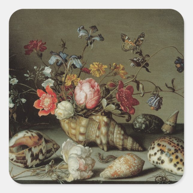 Pegatina Cuadrada Flores, Conchas y Insectos Balthasar van der Ast (Anverso)