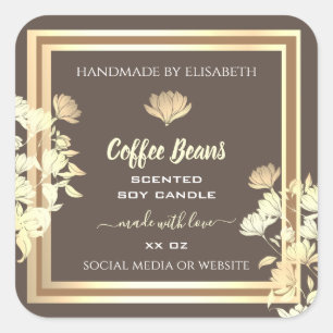 Pegatina Cuadrada Flores cortas Marrón Dorado Etiquetas de envasado 