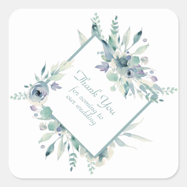 Pegatina Cuadrada Flores de acuarela azul Gracias (Anverso)