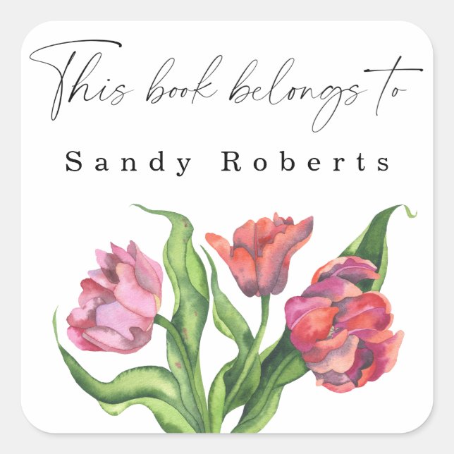 Pegatina Cuadrada Flores de acuarela - Este libro pertenece a (Anverso)