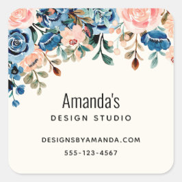 Pegatina Cuadrada Flores de acuarela rosa y azul