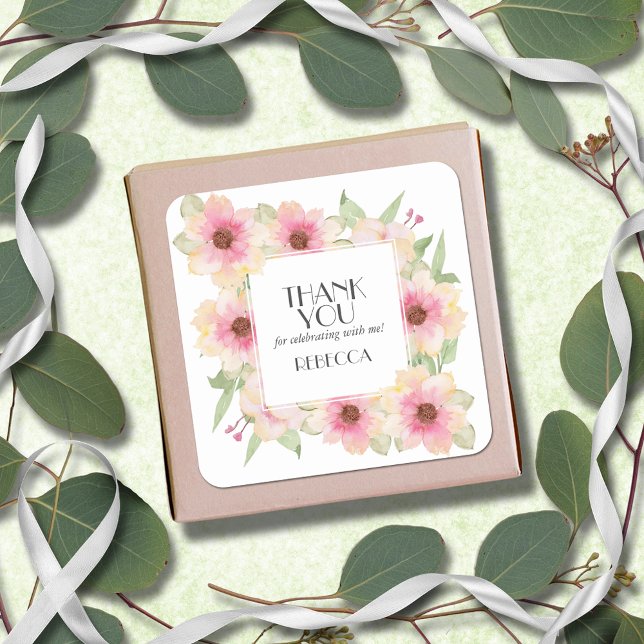 Pegatina Cuadrada Flores de acuarela rosadas de agradecimiento (3" square stickers with yellow and pink blush flowers, thank you and your name)
