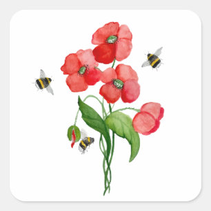 Pegatina Cuadrada Flores de adormidera escarlata acuarela y bonitos 