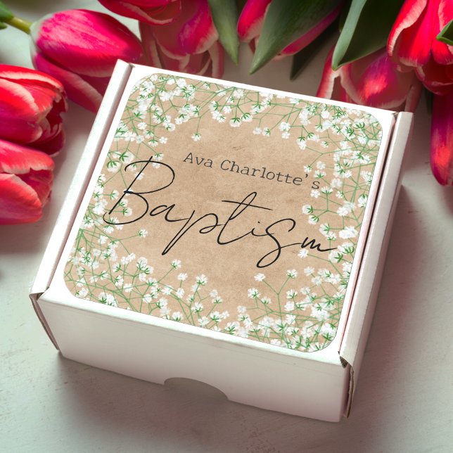 Pegatina Cuadrada Flores de Aliento de Bebé Acuarela Boho Bautizo (Subido por el creador)