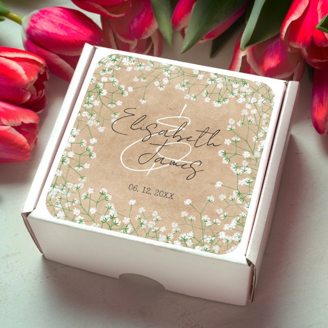 Pegatina Cuadrada Flores de Aliento de Bebé Elegante Rústico Boho Bo (Subido por el creador)