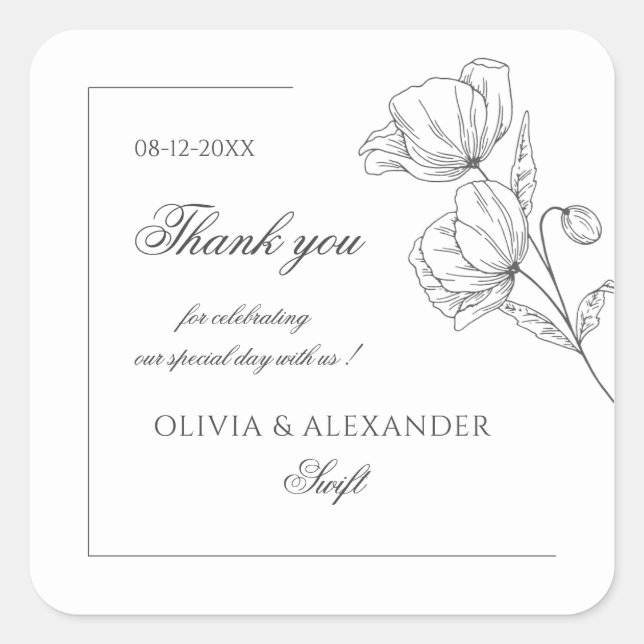 Pegatina Cuadrada Flores de amapola elegante boda (Anverso)