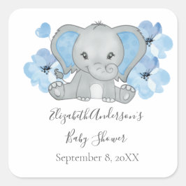 Pegatina Cuadrada Flores de Baby Shower de Elefante Niño Azul Globo