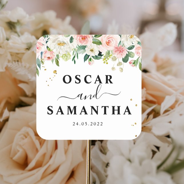 Pegatina Cuadrada Flores de Belleza con Acuarela Rosa Moderna y Goti (Subido por el creador)