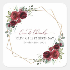 Pegatina Cuadrada Flores de Borgoña, flores rojas, boho, cumpleaños