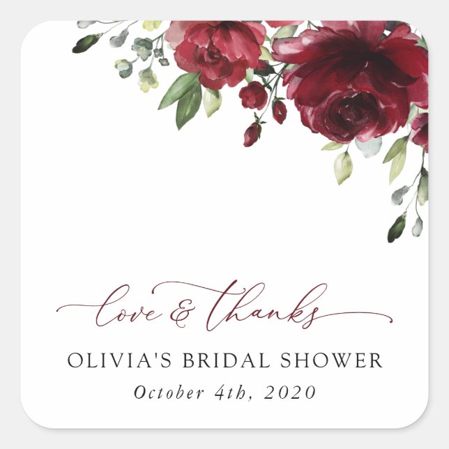 Pegatina Cuadrada Flores de Borgoña, Flores Rojas, Boho, Ducha de No (Anverso)