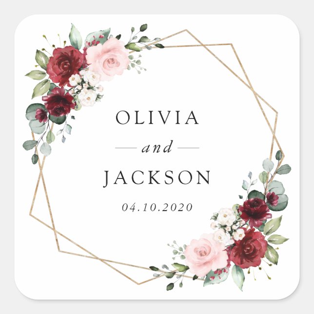 Pegatina Cuadrada Flores de Borgoña, flores rosas, vegetación, Boda (Anverso)