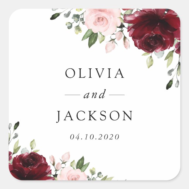 Pegatina Cuadrada Flores de Borgoña, flores rosas, vegetación, Boda (Anverso)
